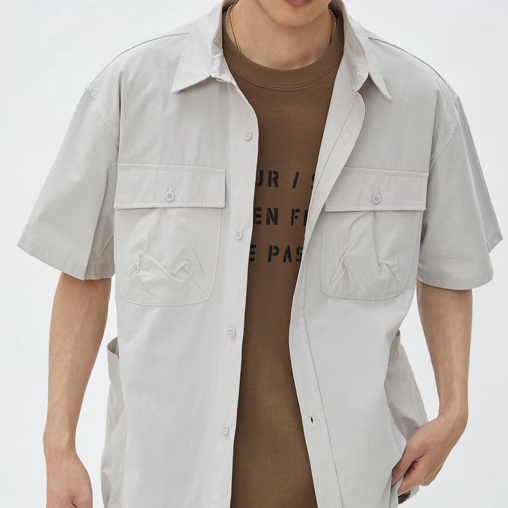 Áo Sơ Mi Ngắn Tay Dáng Rộng Phối Túi Lớn Thời Trang Mùa Hè Nhật Bản Dành Cho Nam