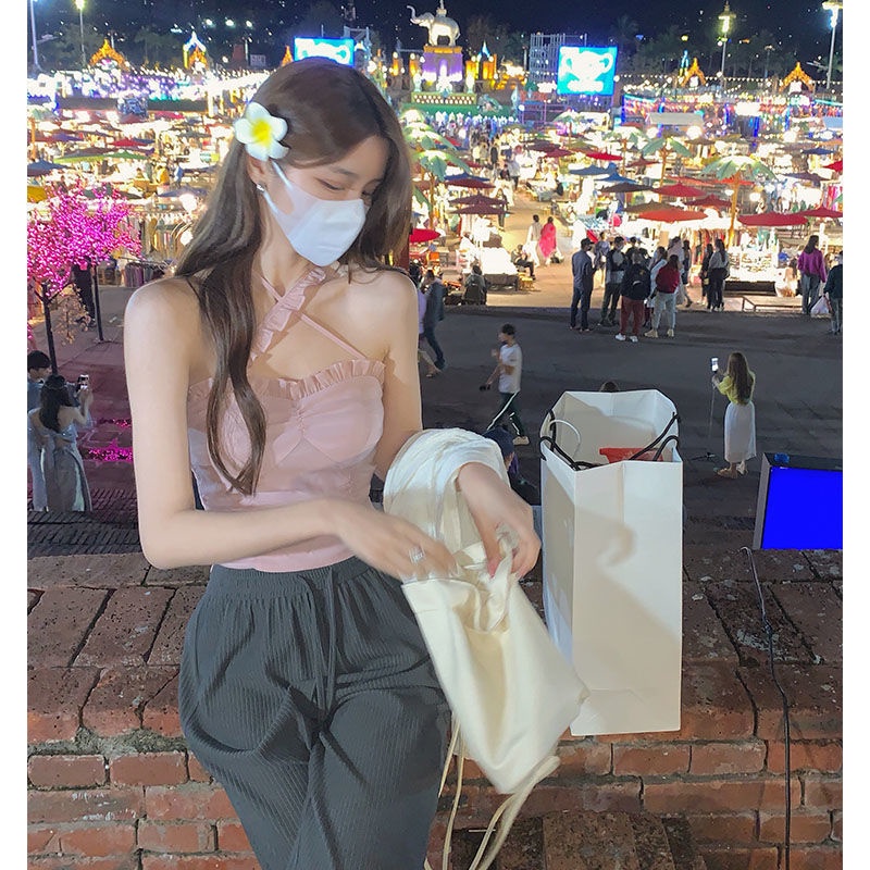 [F &amp; X ' Dây treo cá nhân hóa Ngọt ngào và cay bên trong và bên ngoài Thiết kế mặc cảm giác Phong cách gợi cảm Dây cổ yếm Áo Vest nhỏ Nữ màu hồng Hot Girl Top Sexy Top