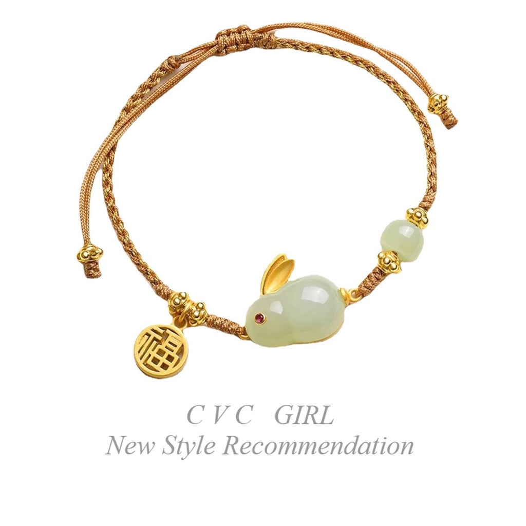 Vòng Tay Dây Rút Đính Ngọc Bích Giả Hình Thỏ Hetian Nhẹ Nhàng Sang Trọng Thương Hiệu Niche Fortune