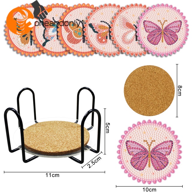 Bộ 6 Đế Lót Ly Hình Tròn Họa Tiết Bướm Đính Đá Nghệ Thuật Diy Kèm Giá Đỡ