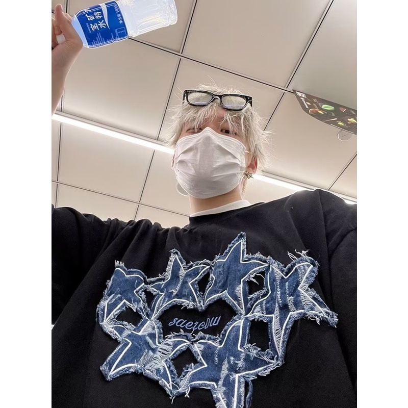 Áo Thun Denim Tay Ngắn Dáng Rộng Thêu Hình Ngôi Sao Phong Cách Harajuku Hàn Quốc Thời Trang Mùa Hè Cho Nam Và Nữ