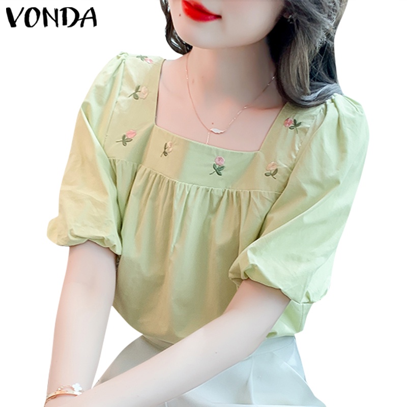 Áo Kiểu Cổ Vuông Tay Phồng Thêu Họa Tiết Thời Trang Hàn Quốc Thanh Lịch Cho Nữ