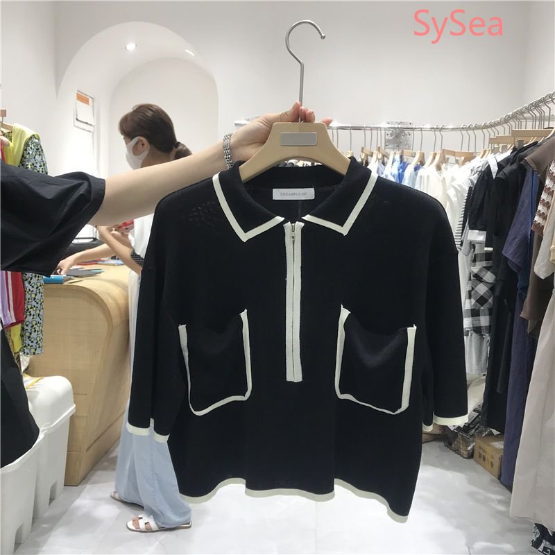 Áo Dệt Kim Phối Khóa Kéo Phong Cách Retro Hàn Quốc Cho Nữ