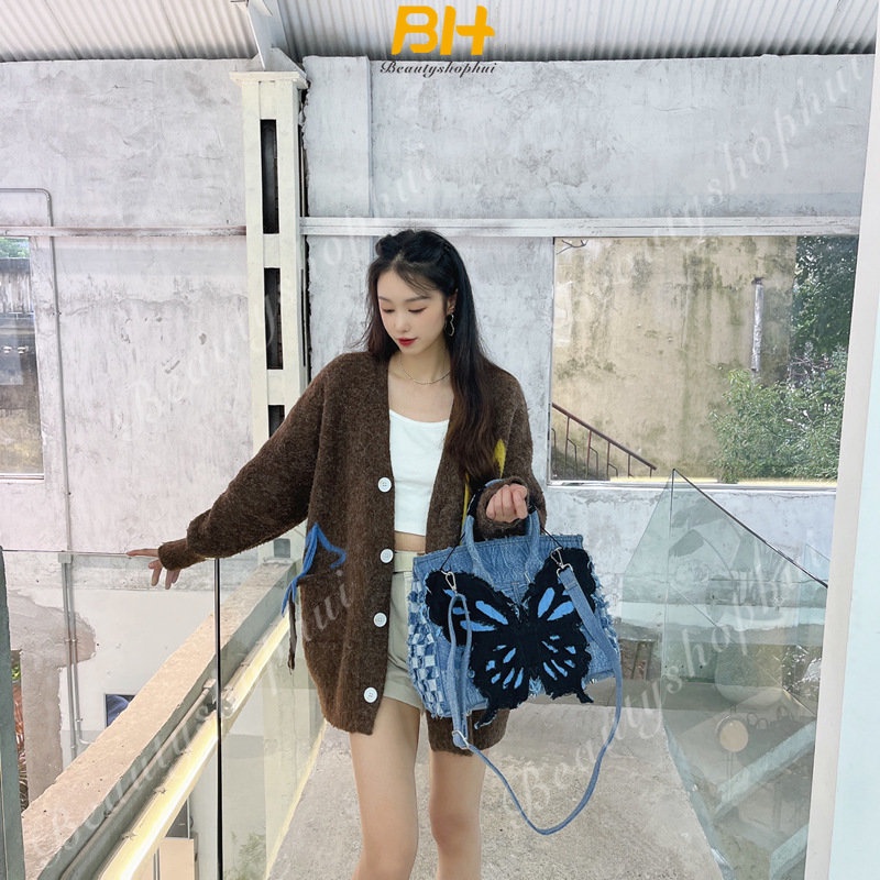 Túi Xách Đeo Vai Một Mặt Chất Liệu Denim Họa Tiết Bướm Mới 2023 Cho Nữ