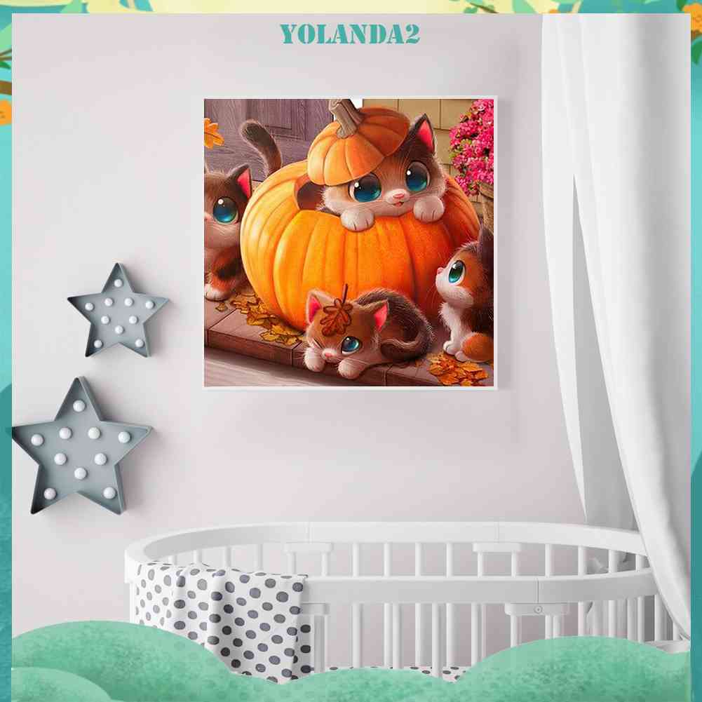 Bộ Tranh Đính Đá 5D Toàn Diện Họa Tiết Mèo Và Bí Ngô Độc Đáo DIY Dùng Trang Trí Nhà Cửa