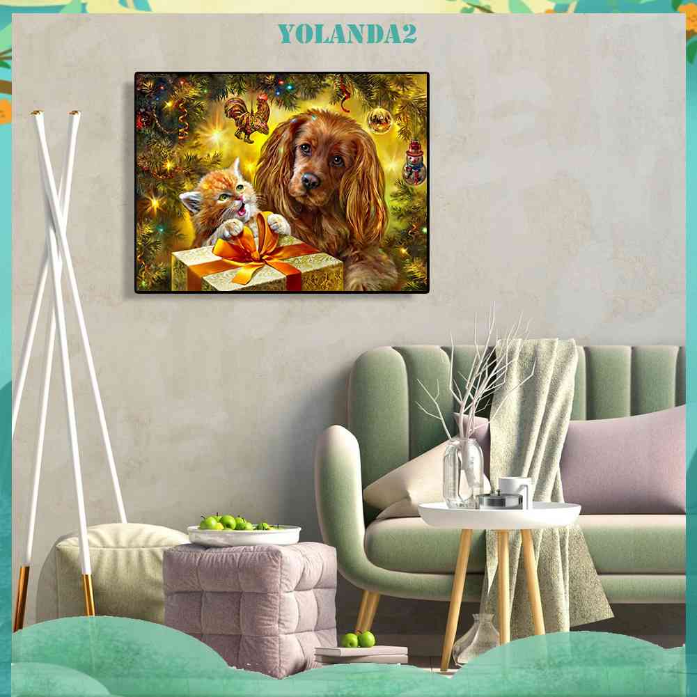 Tranh Đính Đá Kim Cương Toàn Bộ 5D DIY Hình Chó Mèo Giáng Sinh