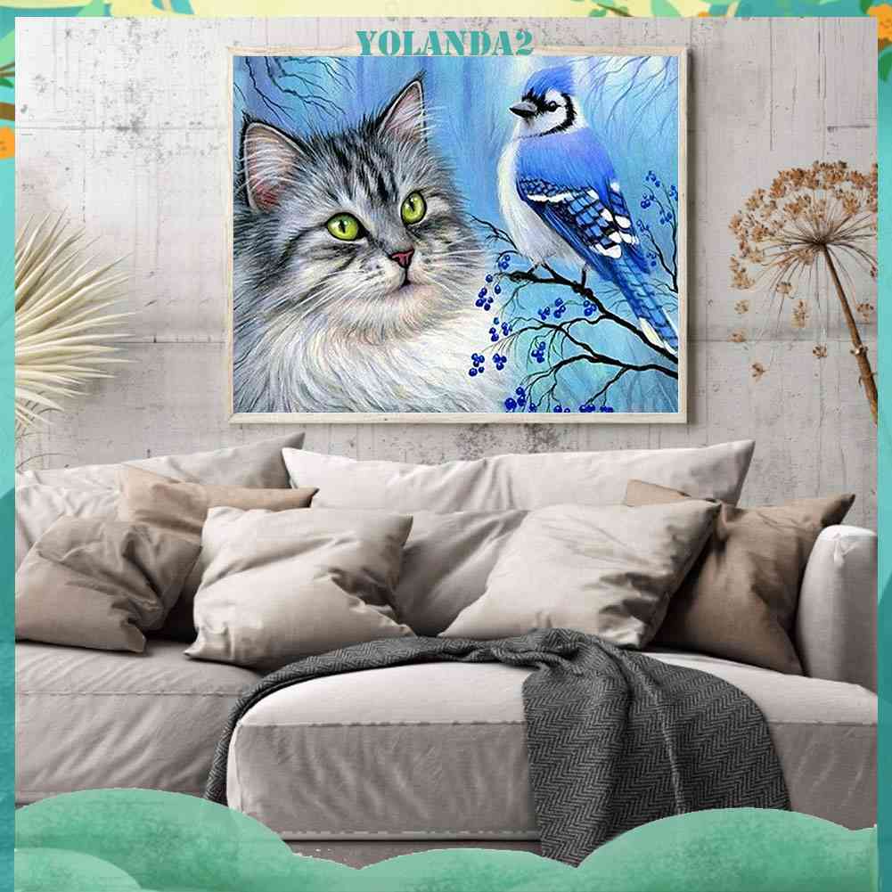 Bộ Tranh Đính Đá Toàn Diện Họa Tiết Mèo Và Chim Độc Đáo Trang Trí Nhà Cửa