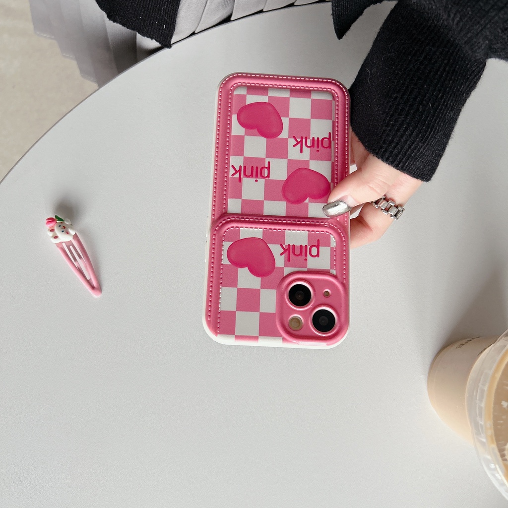 Ốp Điện Thoại Da Viền Silicon Dẻo Màu Hồng Họa Tiết Trái Tim Dễ Thương Chống Sốc Cho iPhone11 12 13 14 Pro Max