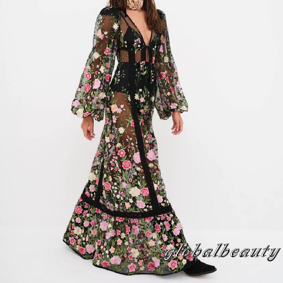Đầm Dài Tay Cổ Chữ V Hở Lưng Họa Tiết Hoa Thời Trang Mùa Hè Cho Nữ