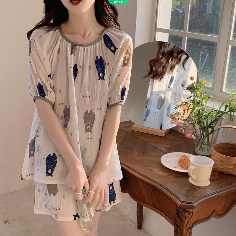 Bộ Đồ Ngủ Tay Ngắn Cổ Tròn In Hình Gấu Dễ Thương Thời Trang Mùa Hè 2023 Phong Cách Nhật Bản Cho Nữ