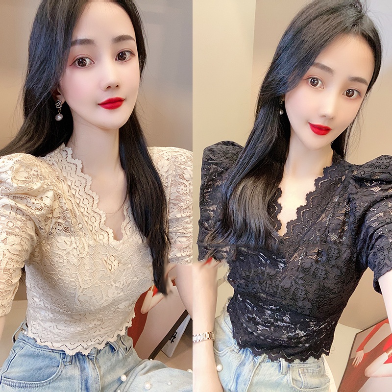 Áo Ren Cổ Chữ v Tay Ngắn Thời Trang Dành Cho Nữ
