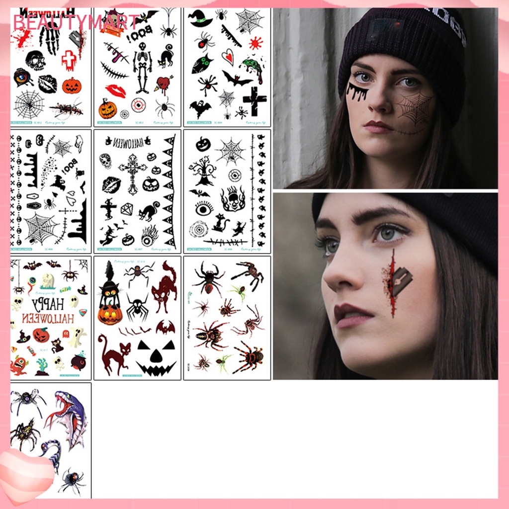 Set 10 Hình Xăm Dán Tạm Thời Chống Nước Siêu Mỏng Đa Năng Phong Cách Halloween