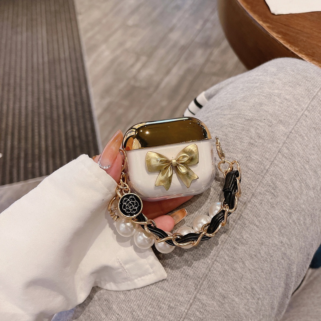 Vỏ Bảo Vệ Hộp Sạc Tai nghe không dây AirPods 1 / 2 / 3 Pro2 2022 Bằng Silicon tpu Mềm Trong Suốt Đính Nơ 3D Mạ Điện