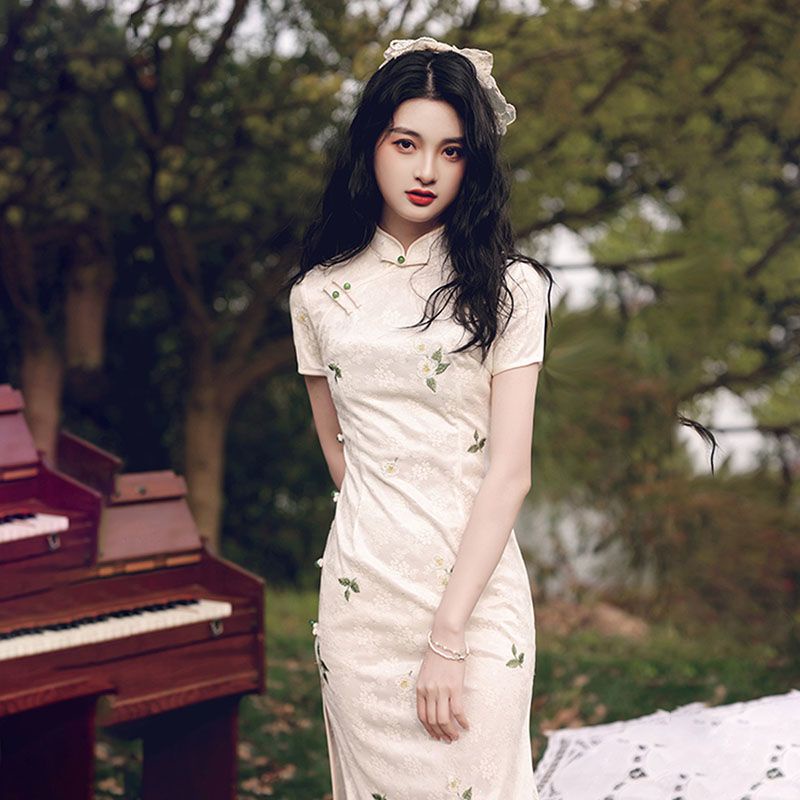 Sườn Xám Cách Tân Ngắn Tay In Hoa Thời Trang Mùa Hè Phong Cách Trung Hoa