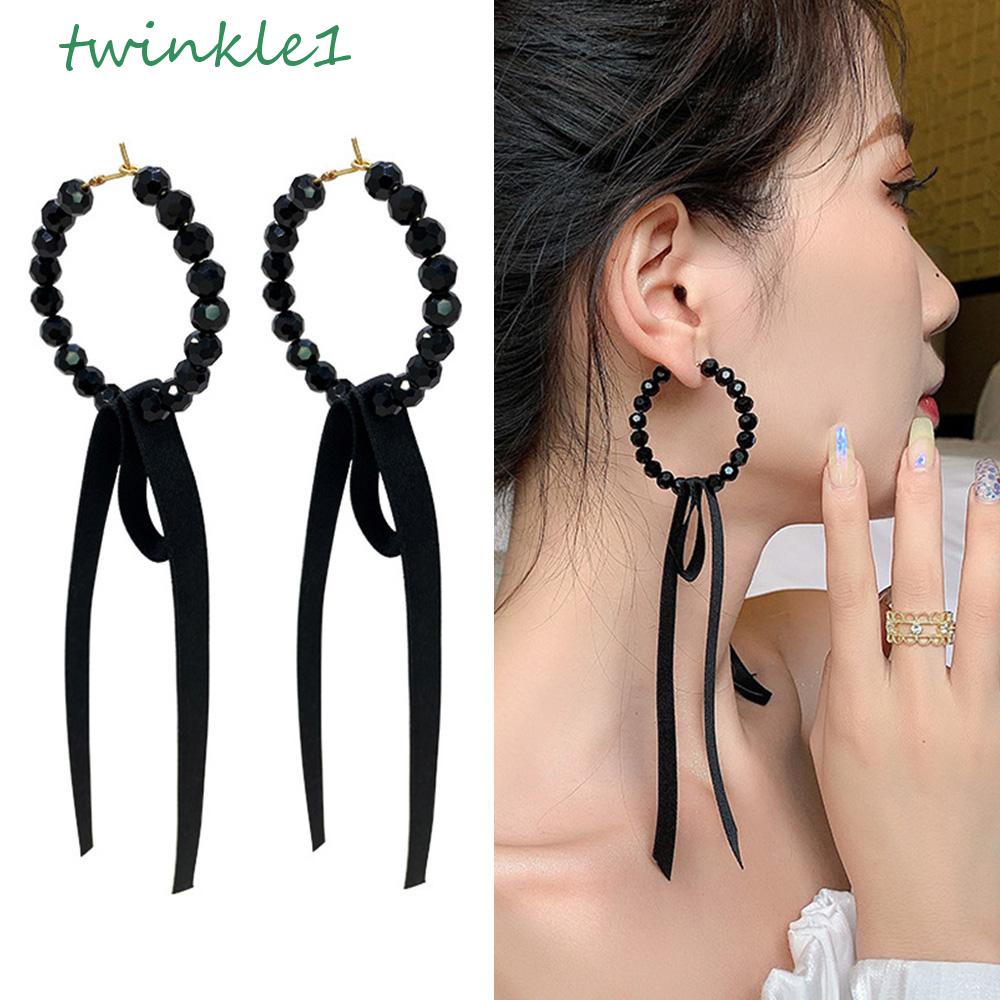 Bông Tai Dáng Dài Phối Dây Ruy Băng Đính Hạt Thời Trang Cho Nữ