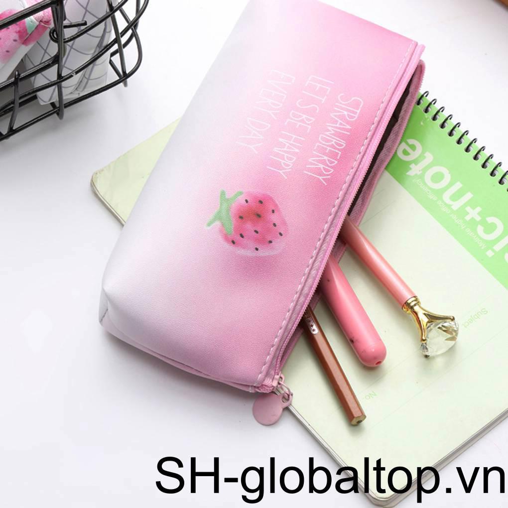 Bóp Viết Da PU Hình Trái Dâu Phối Khóa Kéo Xinh Xắn Cho Bé