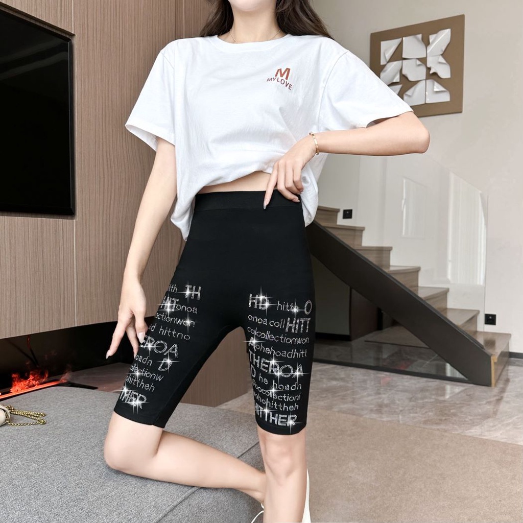 Quần Short Thể Thao Mỏng Màu Đen Đính Đá Thời Trang Mùa Hè Phong Cách Châu Âu/quần quần short