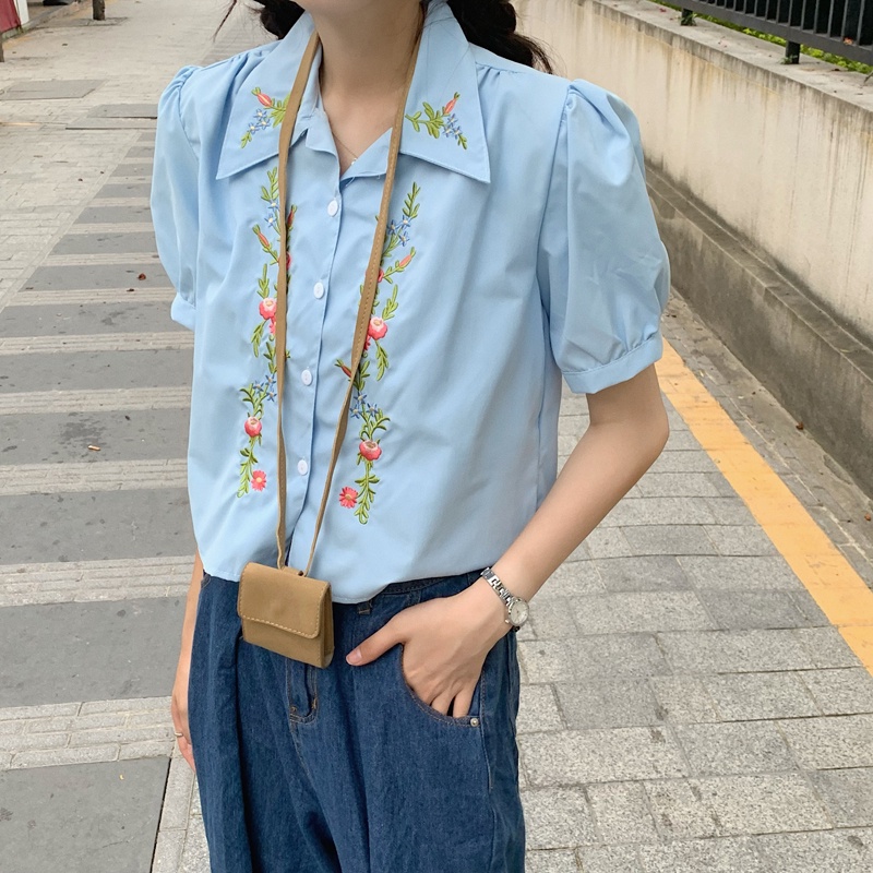Áo Sơ Mi Mỏng Tay Ngắn Phồng Thêu Họa Tiết Thời Trang Mùa Hè 2023 Mới Cho Nữ