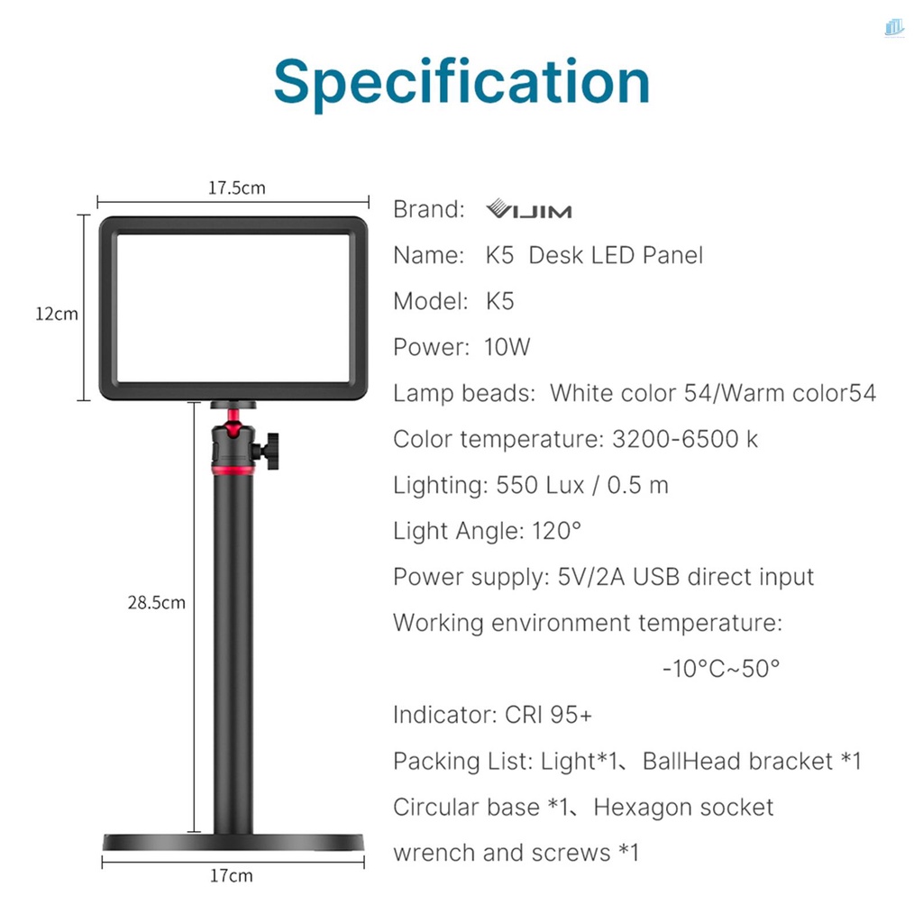 Bảng Đèn LED VIJIM K5 3200K-6500K 8 Cấp Độ Sáng 10W CRI95 + USB Kèm Giá Đỡ Đầu Tròn Chuyên Dụng Cho Live Streaming Online Ga
