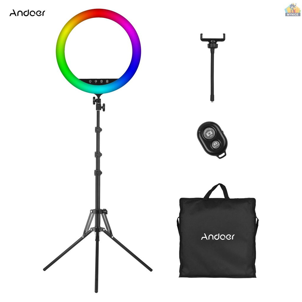 ANDOER Vòng Đèn LED 18 Inch RGB 2500K-8500K Cảm Ứng Điều Chỉnh Được + 190cm / 75in Kẹp Điện Thoại Linh Hoạt + Dây Điện Thoại