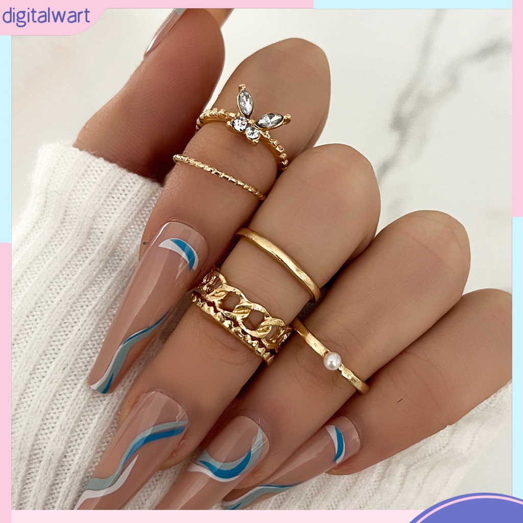 Bộ 5 Nhẫn Đeo Đốt Ngón Tay Hình Bướm Đính Ngọc Trai Giả Phong Cách Vintage Cho Nữ