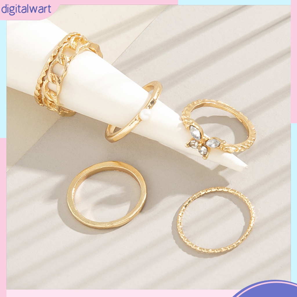 Bộ 5 Nhẫn Đeo Đốt Ngón Tay Hình Bướm Đính Ngọc Trai Giả Phong Cách Vintage Cho Nữ