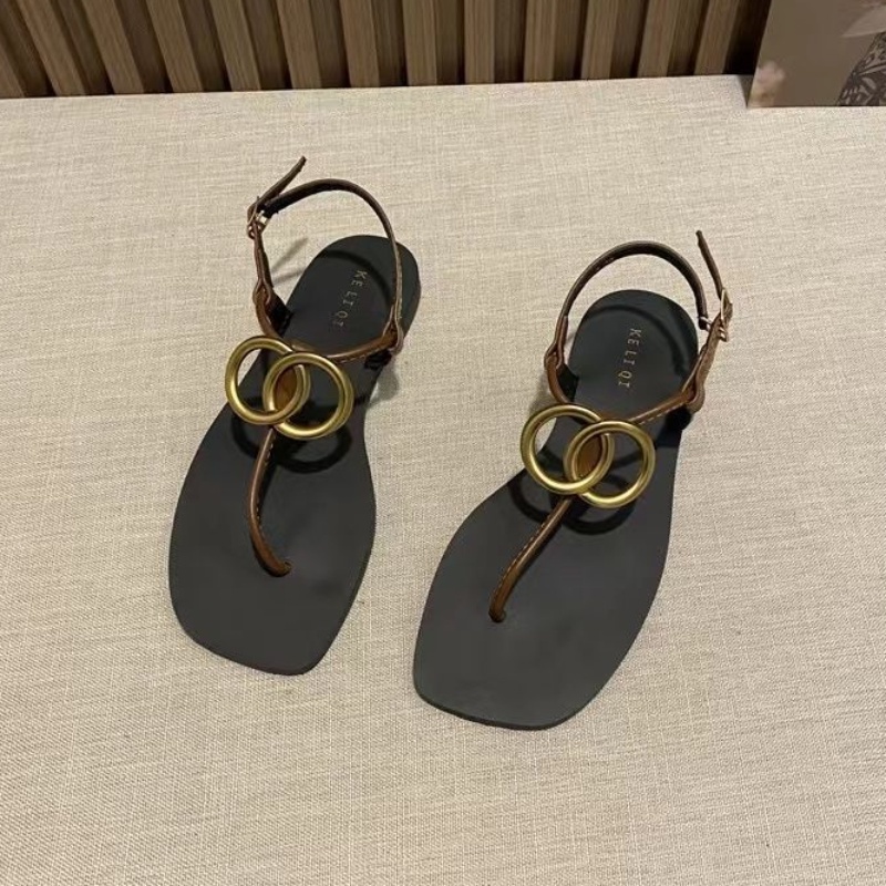 Dép Sandal Cao Su Đế Bằng Phối Khóa Kim Loại Phong Cách Retro Thời Trang Đi Biển Cho Nữ
