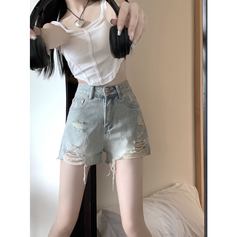 Quần Short Denim Lưng Cao Màu Sắc Tươi Sáng Thiết Kế Rách Cá Tính