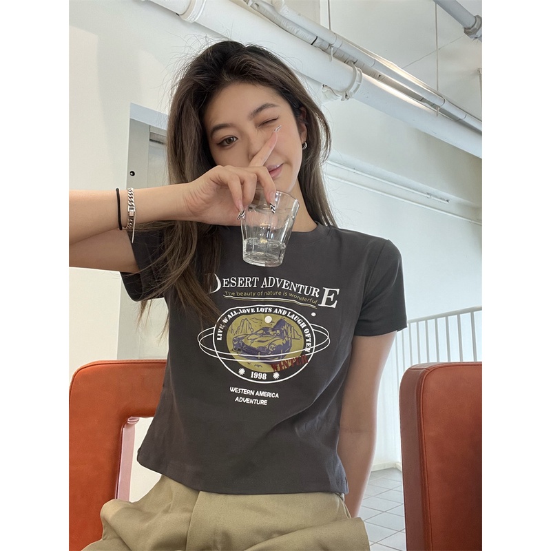 Áo Thun Tay Ngắn Cổ Tròn In Chữ Phong Cách Retro Dành Cho Nữ