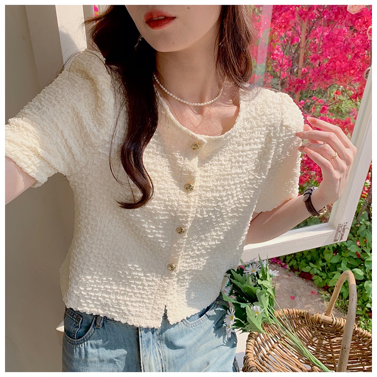 SUXI Áo Kiểu Tay Phồng Ngắn Màu Sắc Đơn Giản Phong Cách Vintage Hàn Quốc