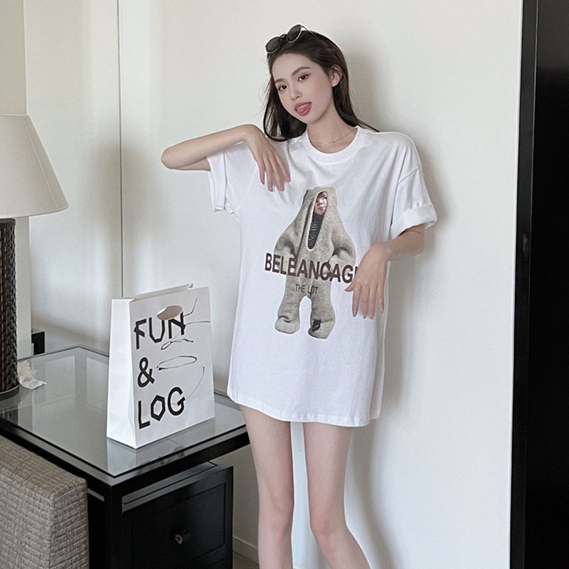 Áo thun XINLANYASHE tay ngắn cổ tròn dáng rộng in hoạt hình phong cách Hàn Quốc xinh xắn cho nữ