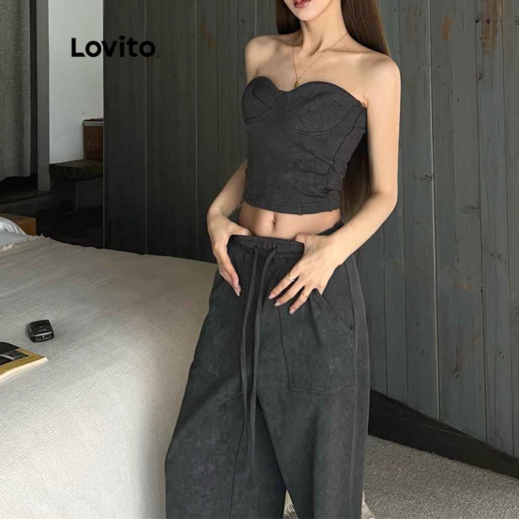Lovito Bộ quần không tay lệch vai bất đối xứng màu trơn thanh lịch dành cho nữ LNE07039 (44928)