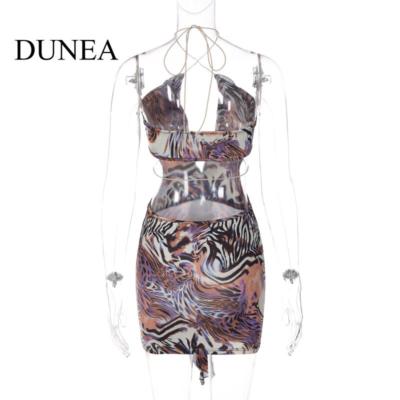 DUNEA Đầm Cổ Thấp Hở Lưng Cột Dây In Họa Tiết Động Vật Quyến Rũ Cho Nữ