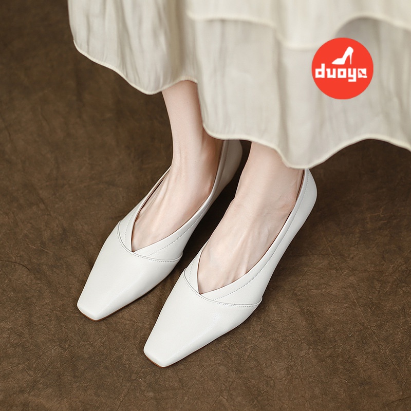 Duoya Tóc Thẳng ~ [Hàng Có Sẵn] Giày Cao Gót Mũi Vuông Nhỏ Bằng Da Thật Mềm Mại Dễ Phối Đồ Cho Nữ