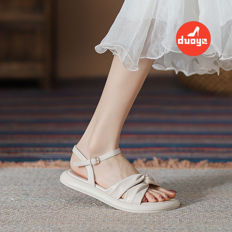 Duoya Tóc Thẳng ~ [Hàng Có Sẵn] Giày Sandal Mùa Hè Đế Mềm Dày Quai Chéo Không Lốp Dễ Phối Đồ Cho Nữ Miễn Phí Vận Chuyển
