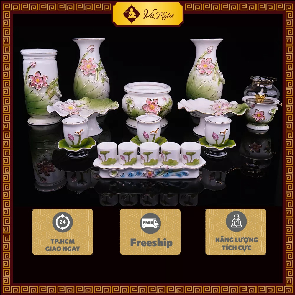 Bộ thờ cúng, đồ thờ cúng Bạch Ngọc Kim Sen Xanh, sứ cao cấp, vật phẩm phong thủy(có bán lẻ)