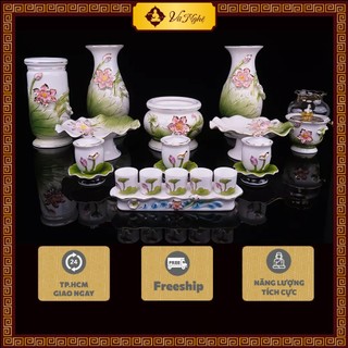 Bộ thờ cúng, đồ thờ cúng Bạch Ngọc Kim Sen Xanh, sứ cao cấp, vật phẩm phong thủy