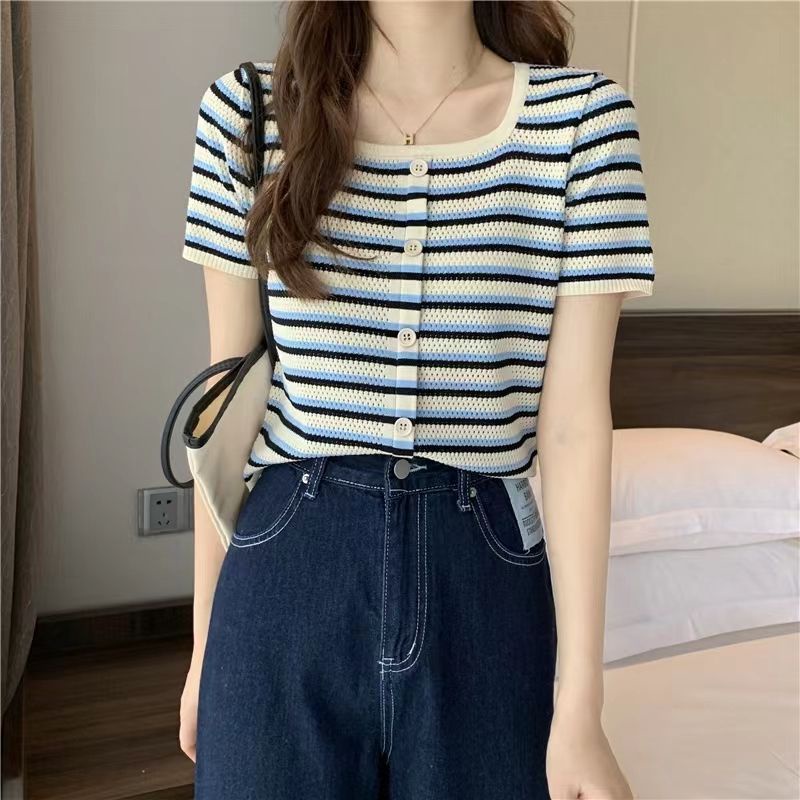 áo thun nữ form rộng kiểu bigsize tay ngắn croptop trung niên ôm trắng big size đẹp dáng hàn quốc polo Áo Thun Ngắn Tay Dáng Rộng Họa Tiết Kẻ Sọc Cổ Vuông Thời Trang Cho Nữ Áo phông Nữ