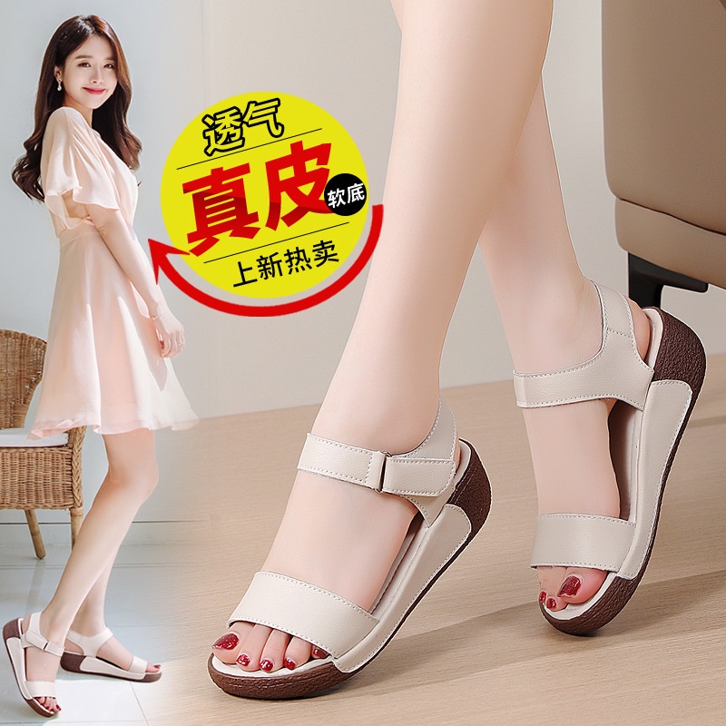 Giày Sandal Đế Xuồng Bằng Da Thật Thời Trang Mùa Hè 2023 Cho Nữ