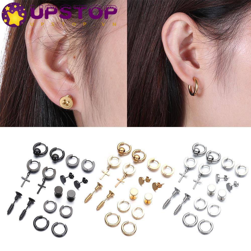 Bộ Khuyên Tai Quả Tạ Màu Đen Bằng Thép Không Gỉ