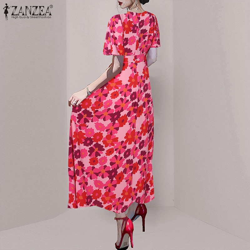 Đầm ZANZEA ngắn tay cổ chữ V in hoa thời trang cho nữ