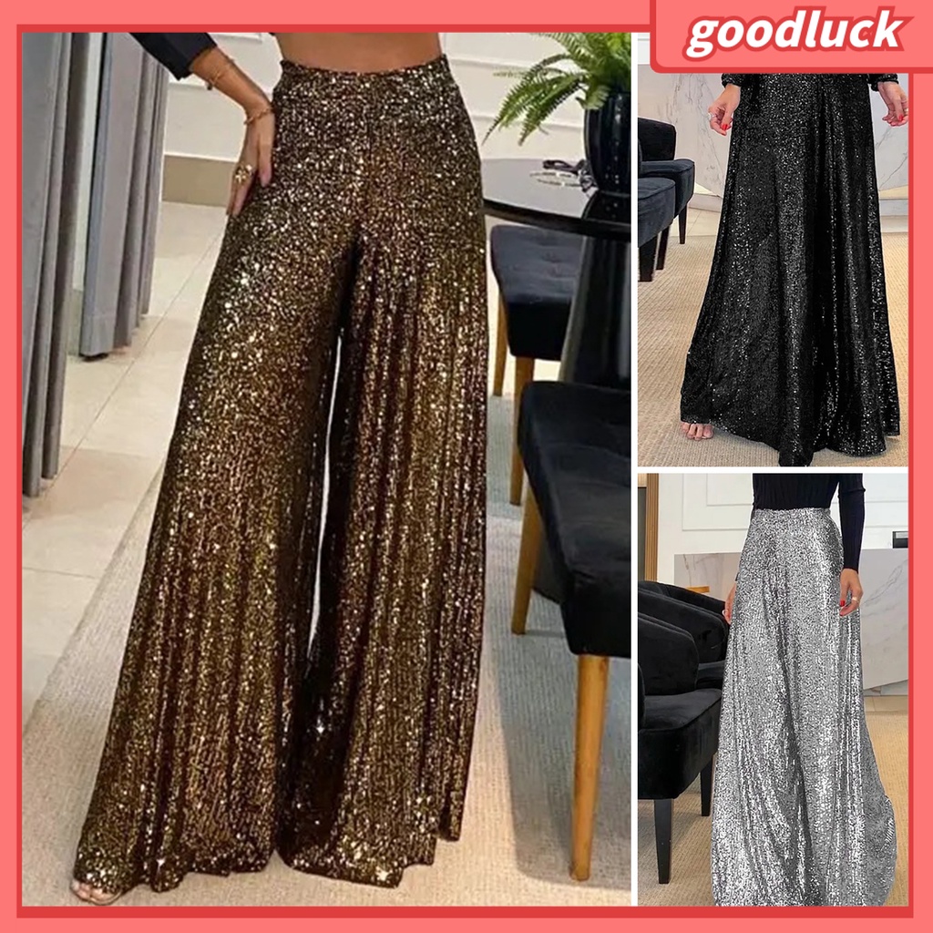 Quần ống rộng Lưng Cao Đính Kim Sa Lấp Lánh Thời Trang Cho Nữ