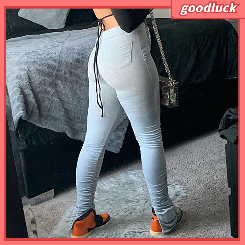 [ULK] Quần Thể Thao Dáng Ôm Lưng Cao Co Giãn Xẻ Tà Xếp Chồng Thời Trang Cho Nữ