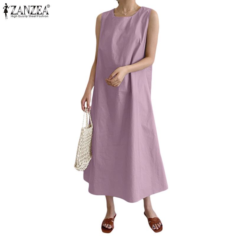 Đầm nữ ZANZEA cộc tay cổ tròn thời trang Hàn Quốc