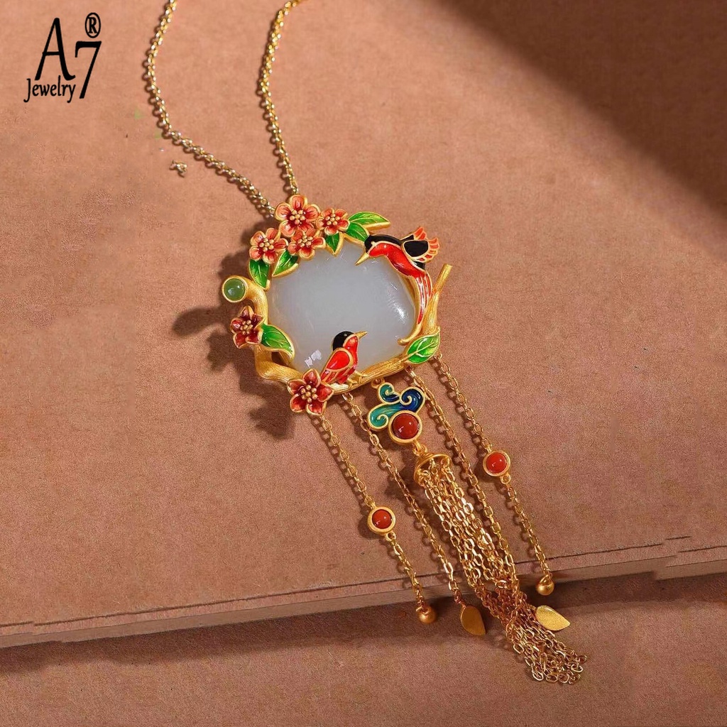 A77 | Vòng cổ Mặt Ngọc Bích Trắng Mạ Vàng Phong Cách Trung Hoa Cổ Điển Y1269