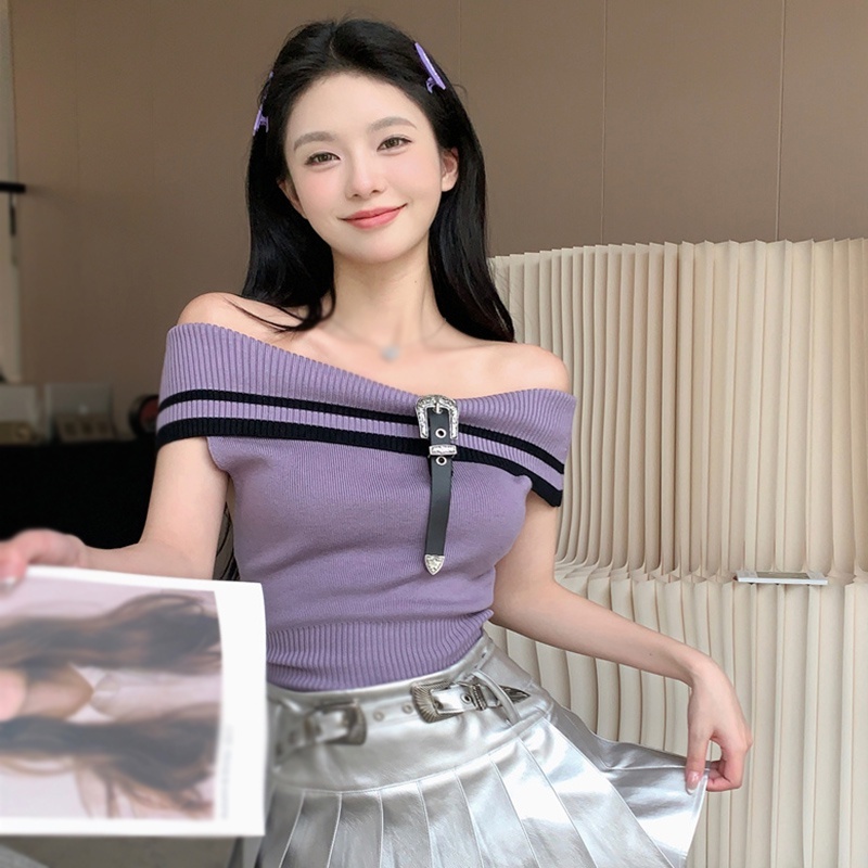 Áo Croptop Dệt Kim Trễ Vai Tay Ngắn Thời Trang Mùa Hè Phong Cách Hàn Quốc Cho Nữ