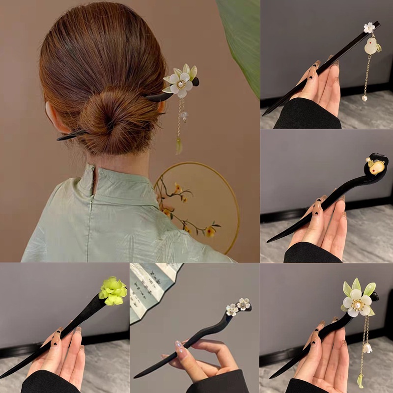 Trâm Cài Tóc Bằng Gỗ Đàn Hương Màu Đen Đính Hoa Tua Rua Thời Trang