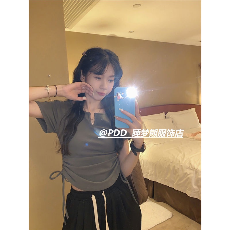 COZOK Áo Thun Ngắn Tay Cổ Chữ V Rút Dây Thời Trang Nữ