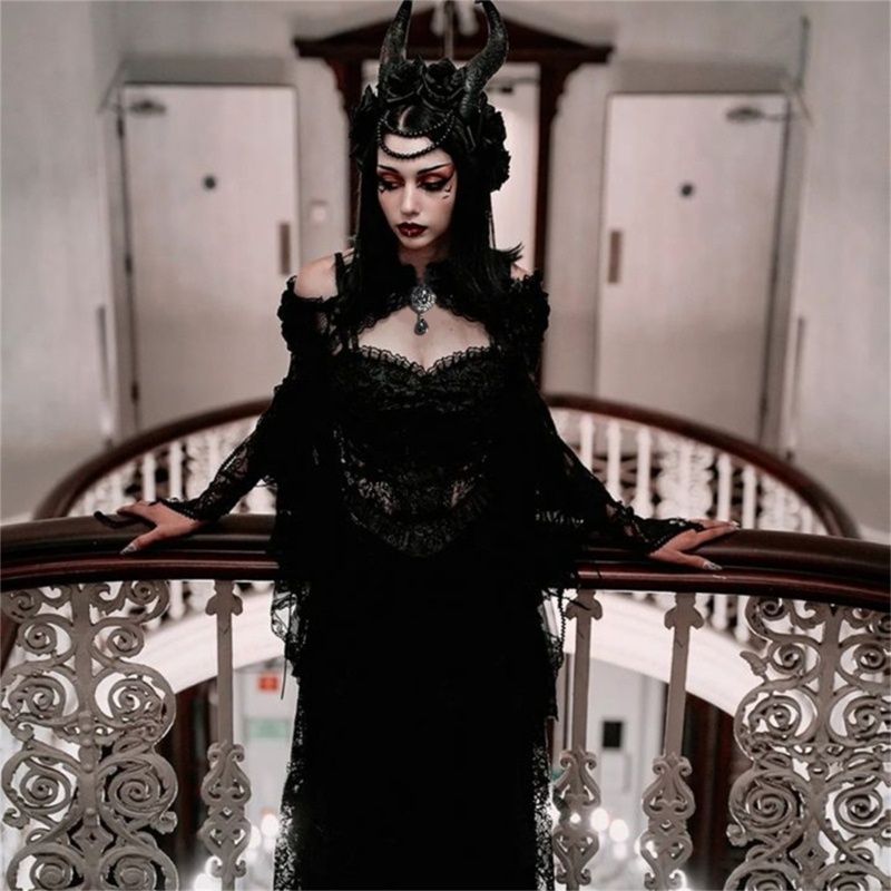 Hum women goth tops punk flare sleeves cover up sexy see through crop top girls stand collar lace t-shirt for party fest