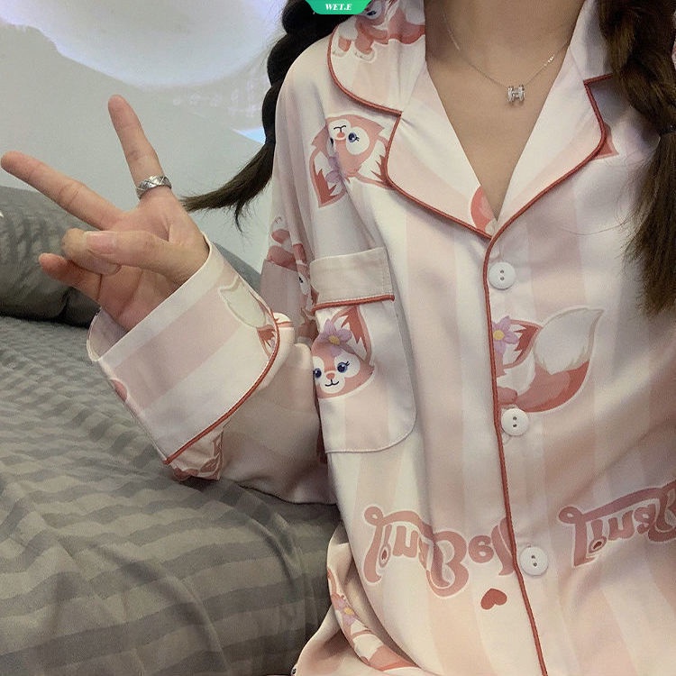 Bộ Đồ Ngủ Tay Dài Dáng Rộng In Họa Tiết Hoạt Hình Kiểu Hàn Quốc Thời Trang Xuân Thu Cho Nữ